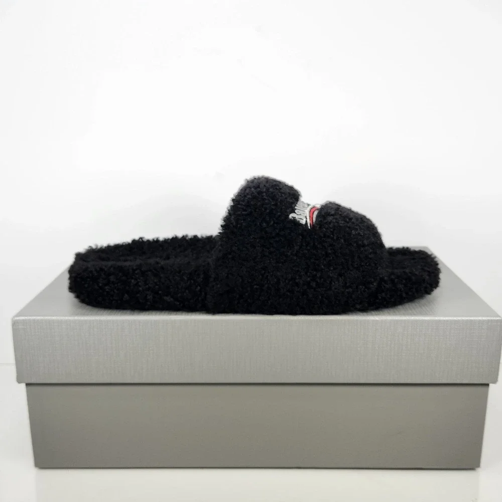 Balenciaga Pool Slide Mens Size 10 Black Shearling Political Campaign Logo